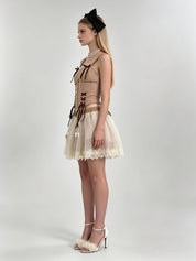 Mocha Pearl Velvet Cross-Lace Corset Top & Ivory Tulle Mini Skirt Set