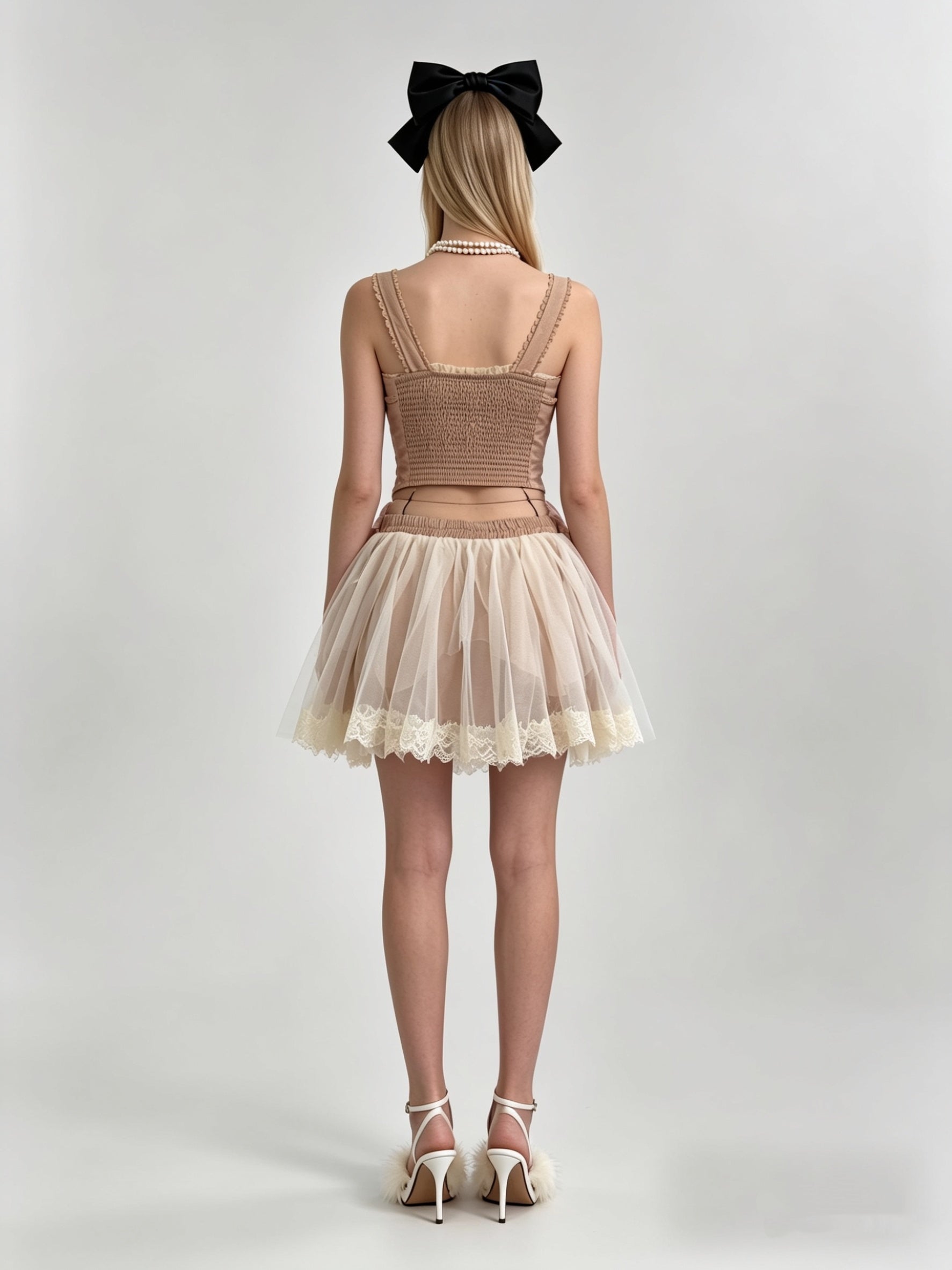 Mocha Pearl Velvet Cross-Lace Corset Top & Ivory Tulle Mini Skirt Set