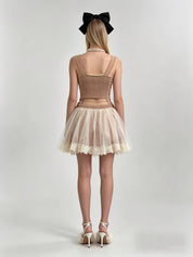 Mocha Pearl Velvet Cross-Lace Corset Top & Ivory Tulle Mini Skirt Set