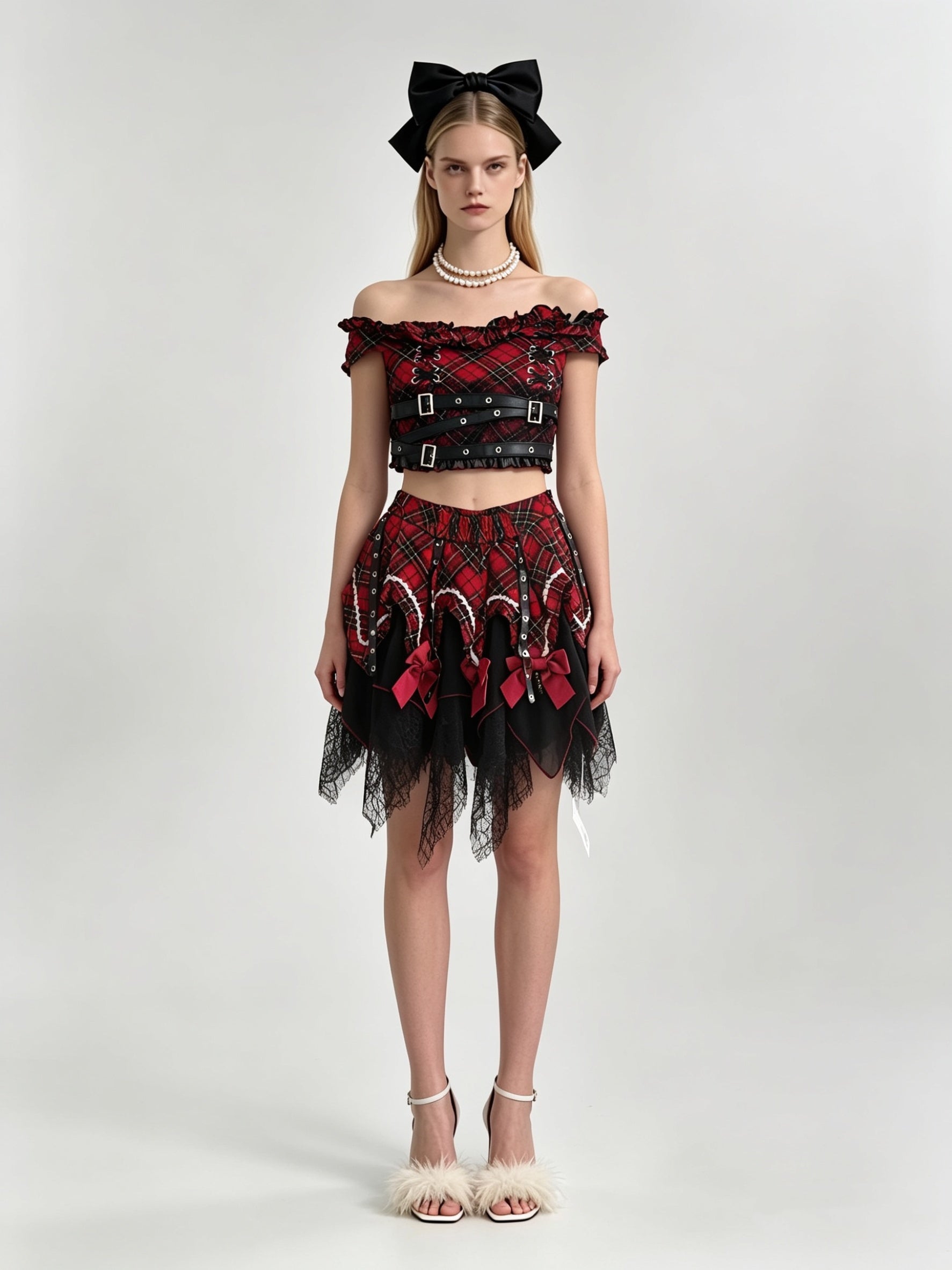 Red Tartan Plaid Off-Shoulder Buckle Crop Top & Asymmetric Black Lace Mini Skirt Set