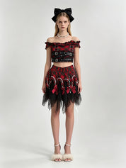 Red Tartan Plaid Off-Shoulder Buckle Crop Top & Asymmetric Black Lace Mini Skirt Set