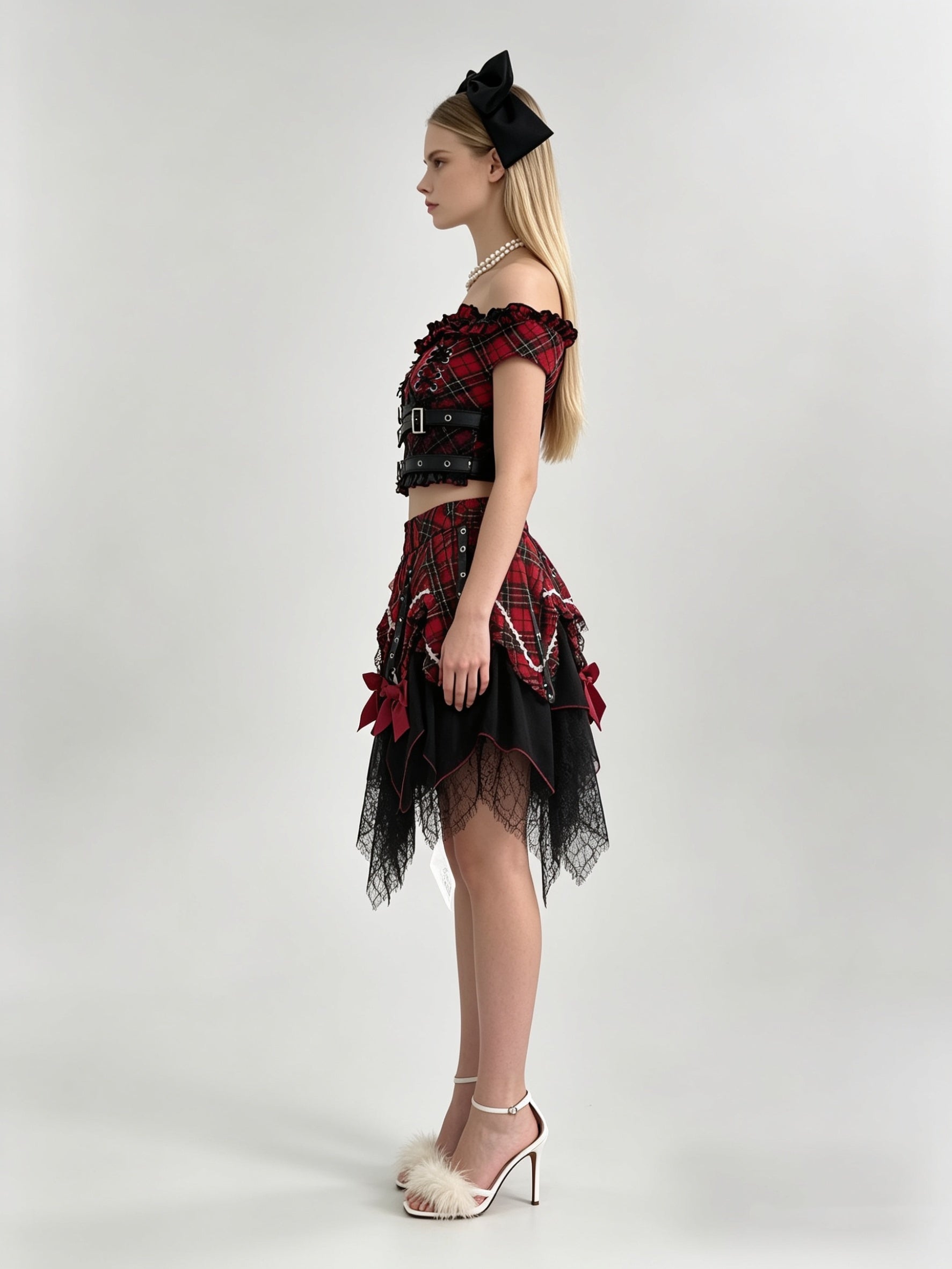 Red Tartan Plaid Off-Shoulder Buckle Crop Top & Asymmetric Black Lace Mini Skirt Set