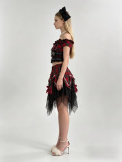 Red Tartan Plaid Off-Shoulder Buckle Crop Top & Asymmetric Black Lace Mini Skirt Set
