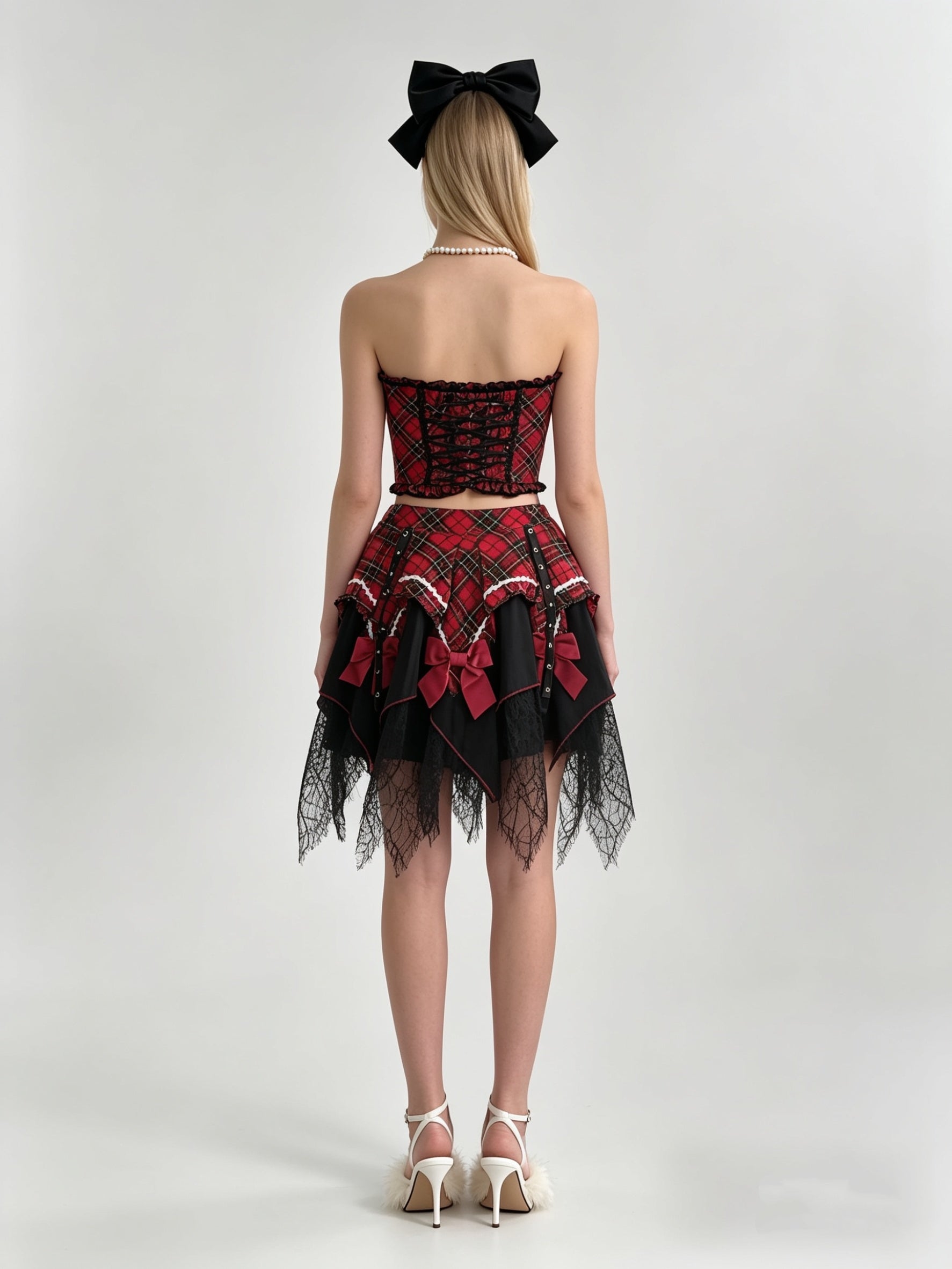 Red Tartan Plaid Off-Shoulder Buckle Crop Top & Asymmetric Black Lace Mini Skirt Set