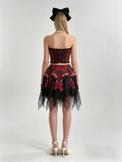 Red Tartan Plaid Off-Shoulder Buckle Crop Top & Asymmetric Black Lace Mini Skirt Set