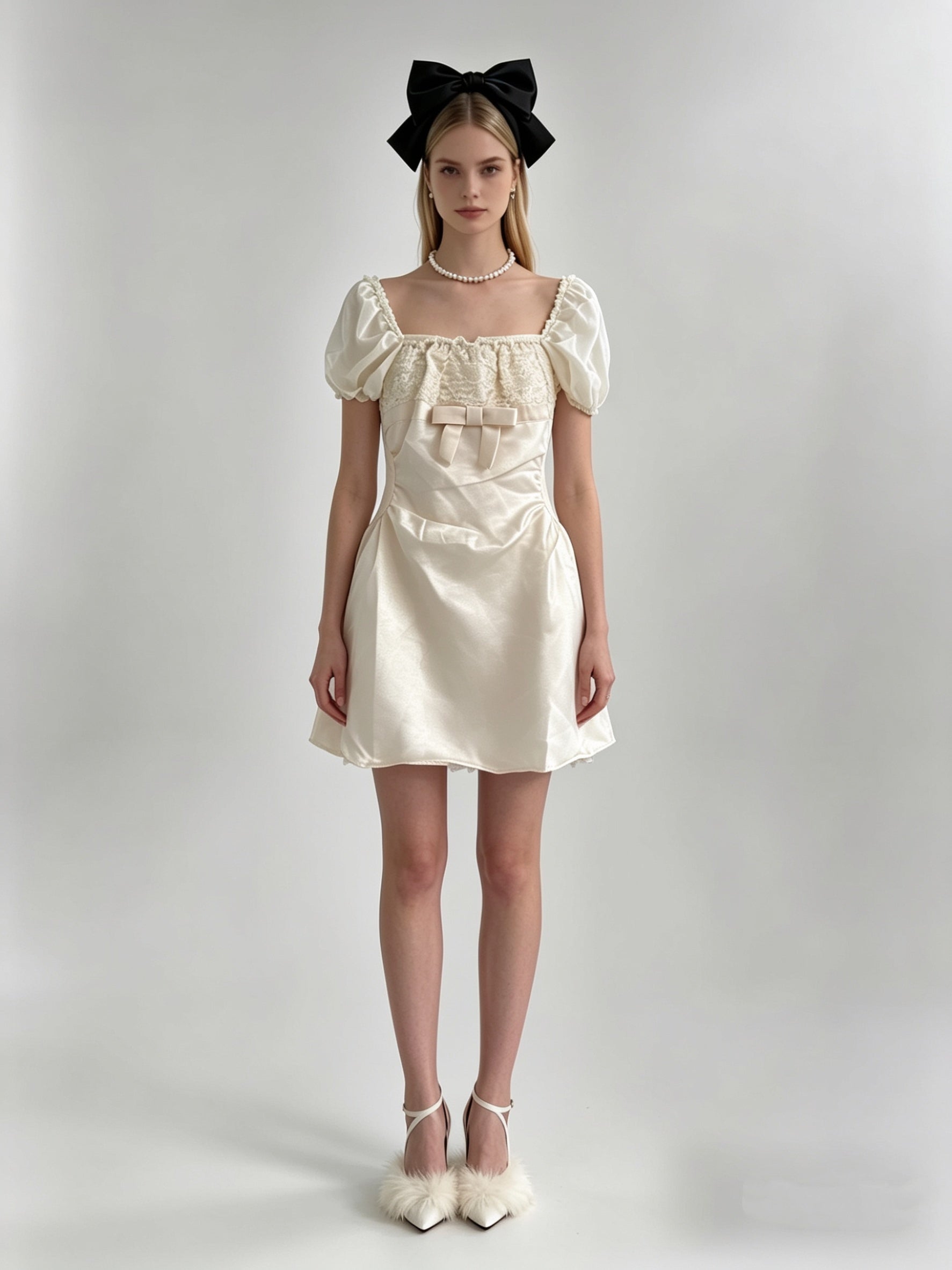 Cream Satin Puff Sleeve Square Neck Bow Bubble Mini Dress