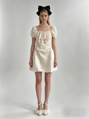 Cream Satin Puff Sleeve Square Neck Bow Bubble Mini Dress