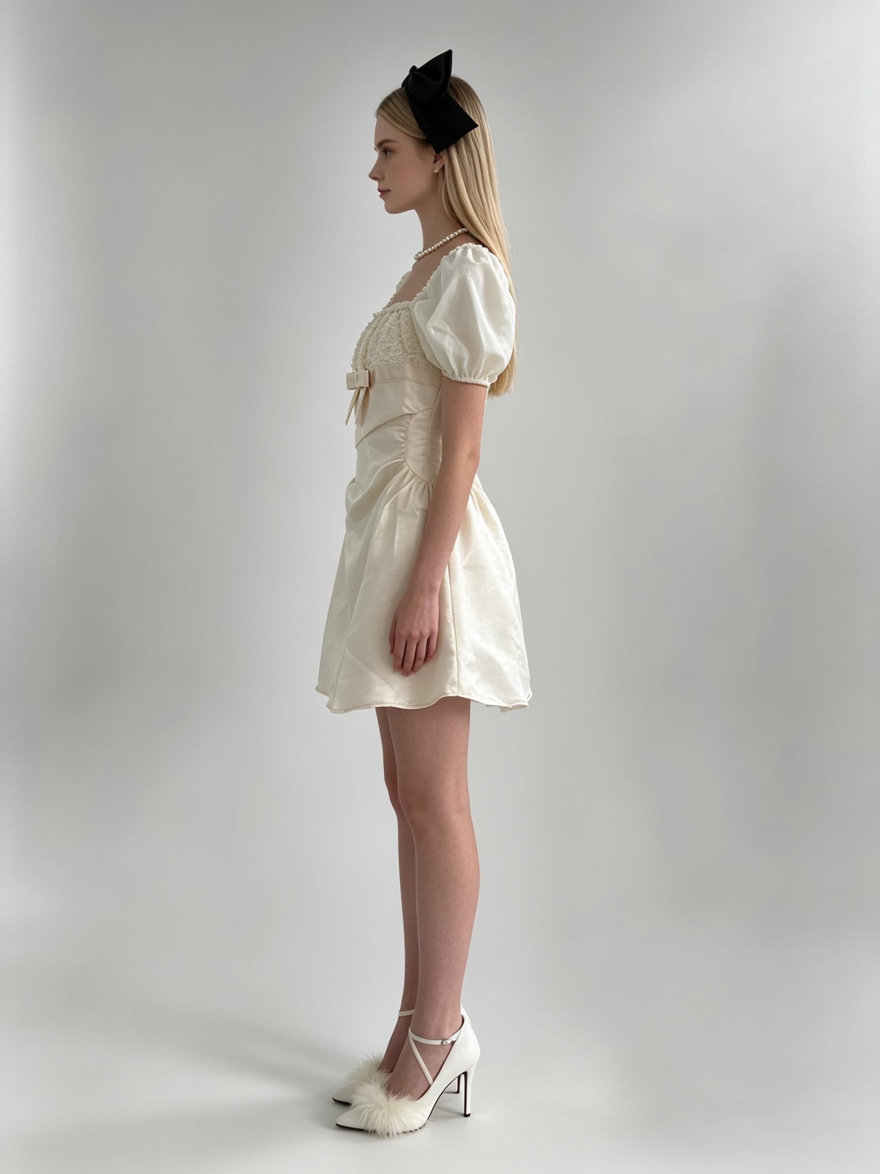 Cream Satin Puff Sleeve Square Neck Bow Bubble Mini Dress