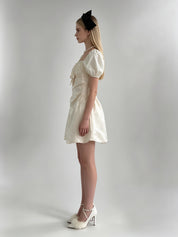 Cream Satin Puff Sleeve Square Neck Bow Bubble Mini Dress