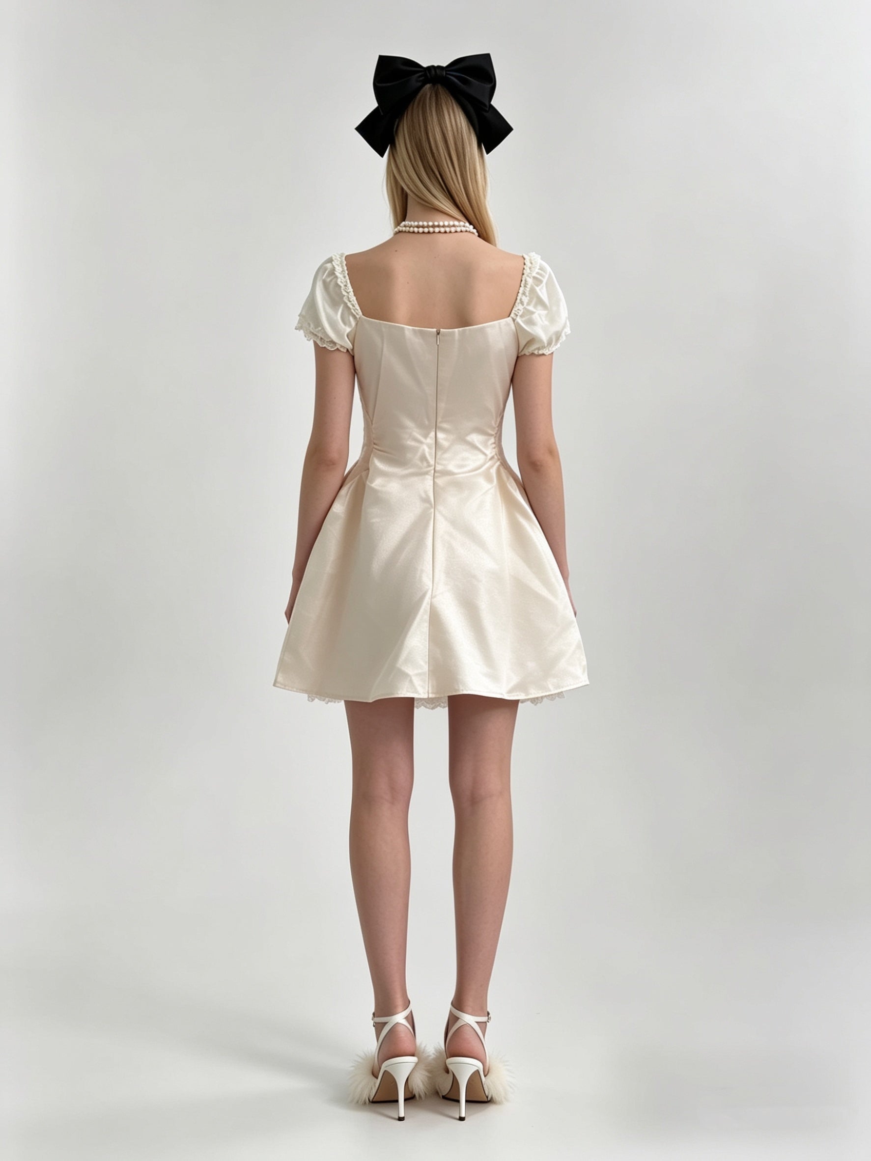 Cream Satin Puff Sleeve Square Neck Bow Bubble Mini Dress