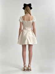 Cream Satin Puff Sleeve Square Neck Bow Bubble Mini Dress