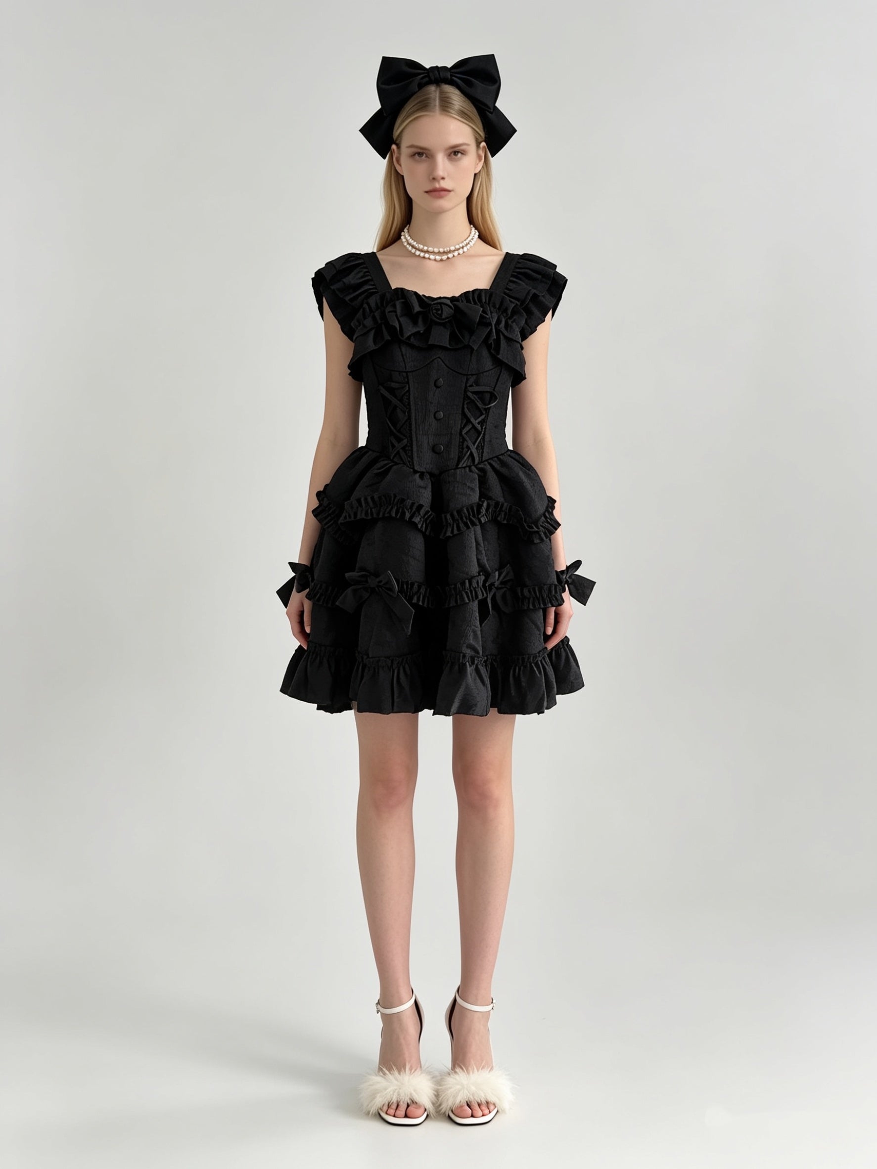 Black Ruffle Square Neck Double-Breasted Corset Tiered Mini Dress