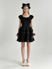 Black Ruffle Square Neck Double-Breasted Corset Tiered Mini Dress