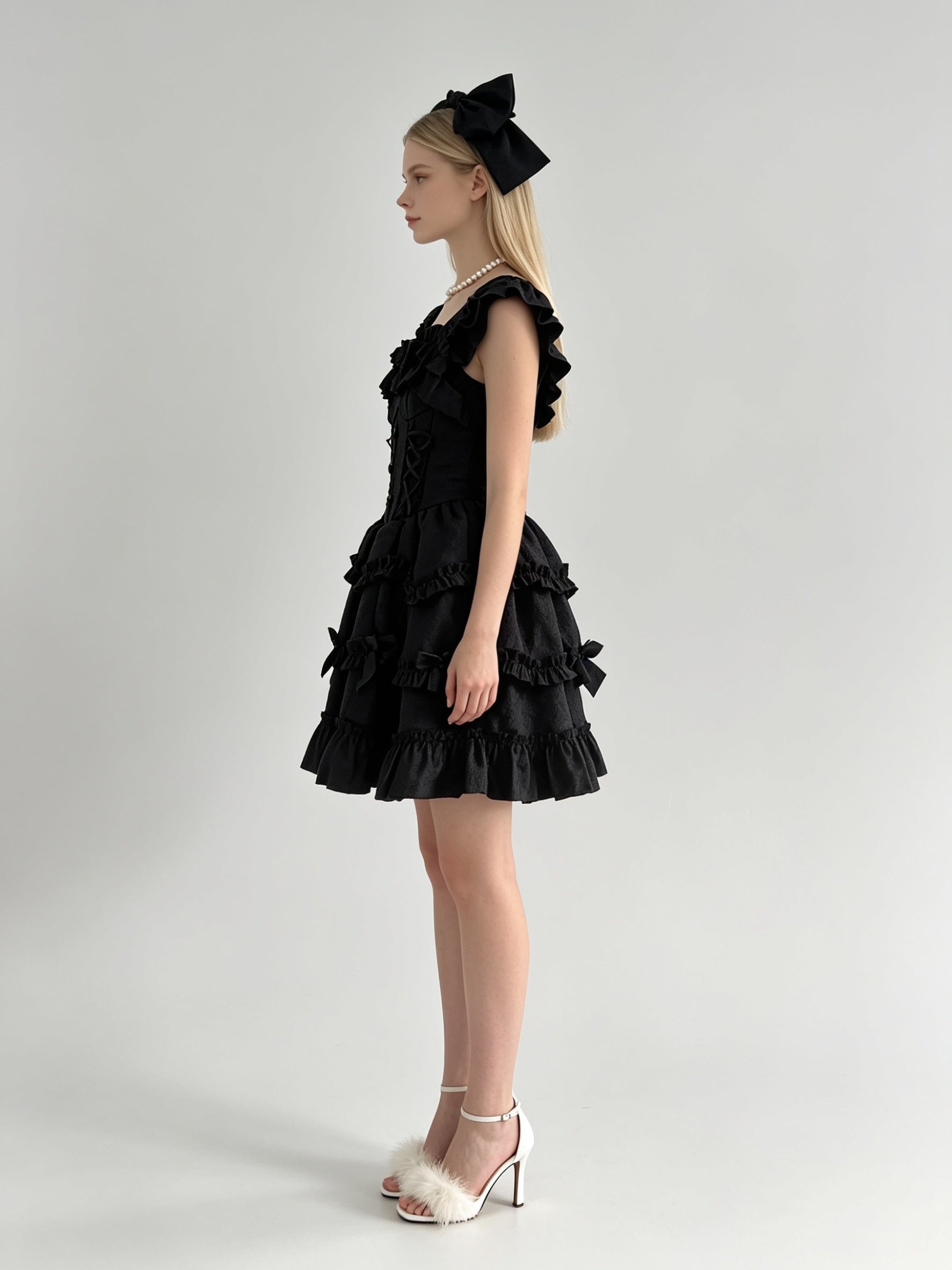 Black Ruffle Square Neck Double-Breasted Corset Tiered Mini Dress