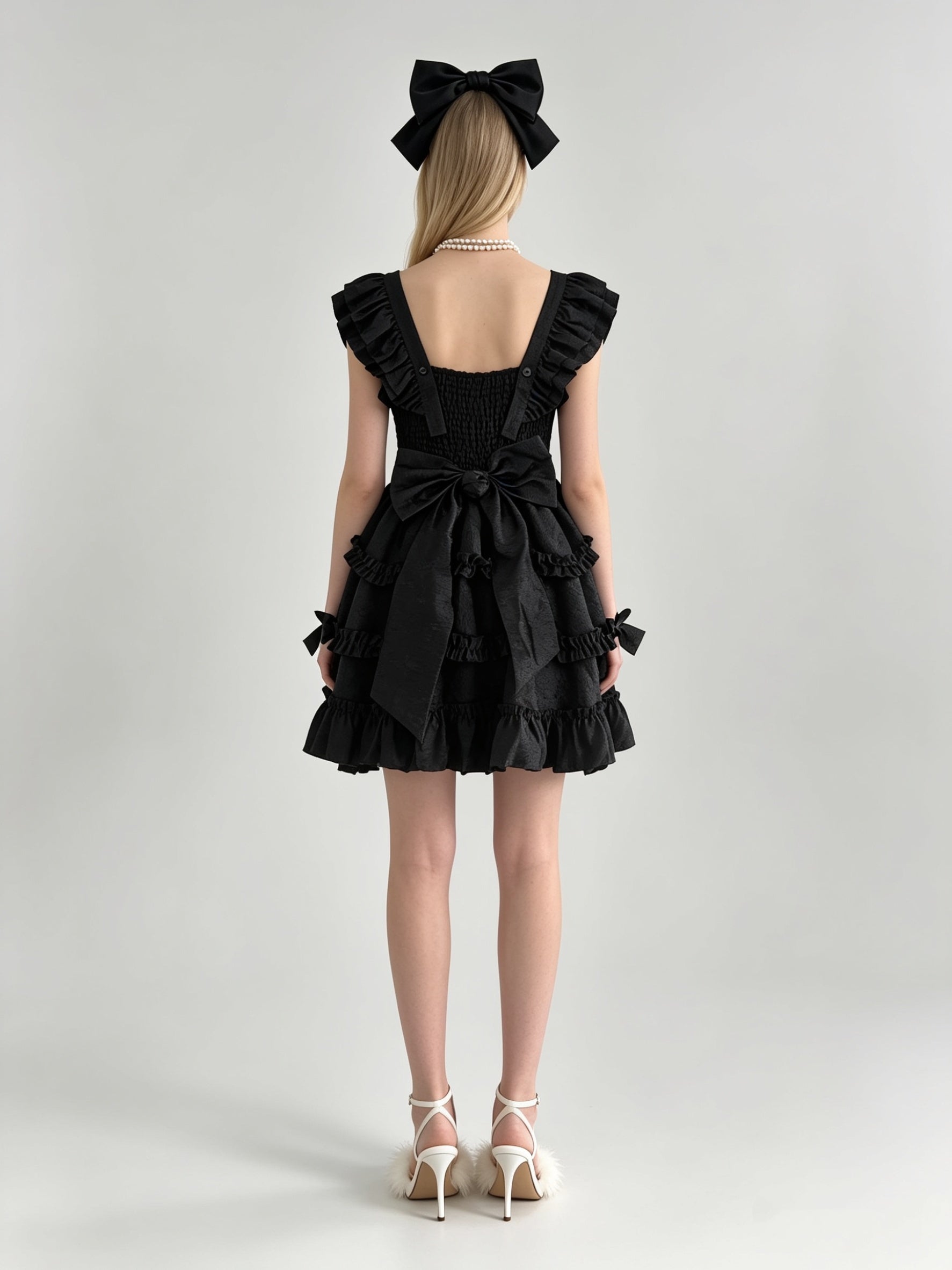 Black Ruffle Square Neck Double-Breasted Corset Tiered Mini Dress