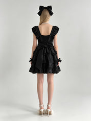 Black Ruffle Square Neck Double-Breasted Corset Tiered Mini Dress