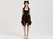 Black Faux Leather Lace-Up Corset Red Tartan Asymmetric Handkerchief Hem Dress