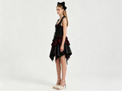 Black Faux Leather Lace-Up Corset Red Tartan Asymmetric Handkerchief Hem Dress
