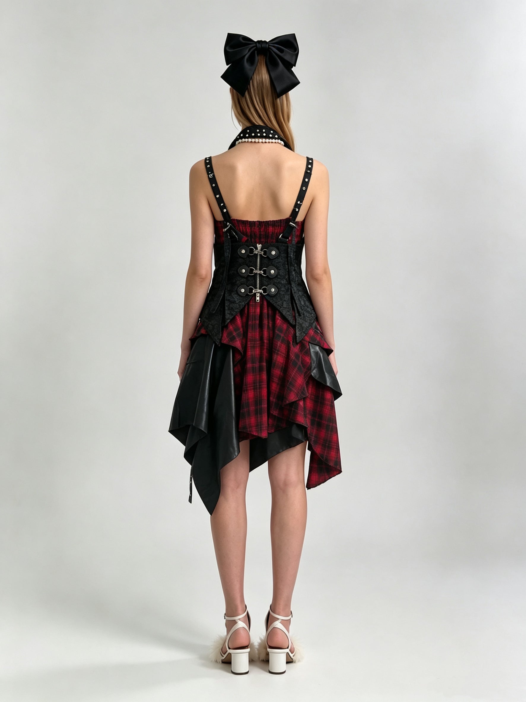 Black Faux Leather Lace-Up Corset Red Tartan Asymmetric Handkerchief Hem Dress