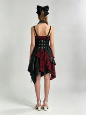 Black Faux Leather Lace-Up Corset Red Tartan Asymmetric Handkerchief Hem Dress
