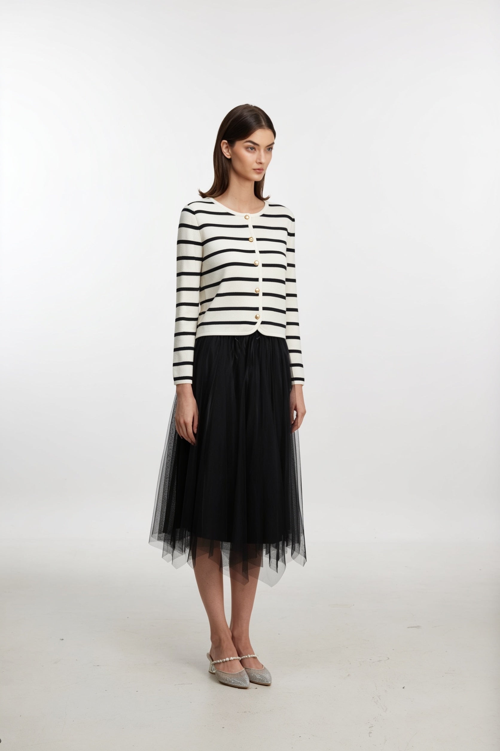 Black Asymmetric Tulle Midi Skirt