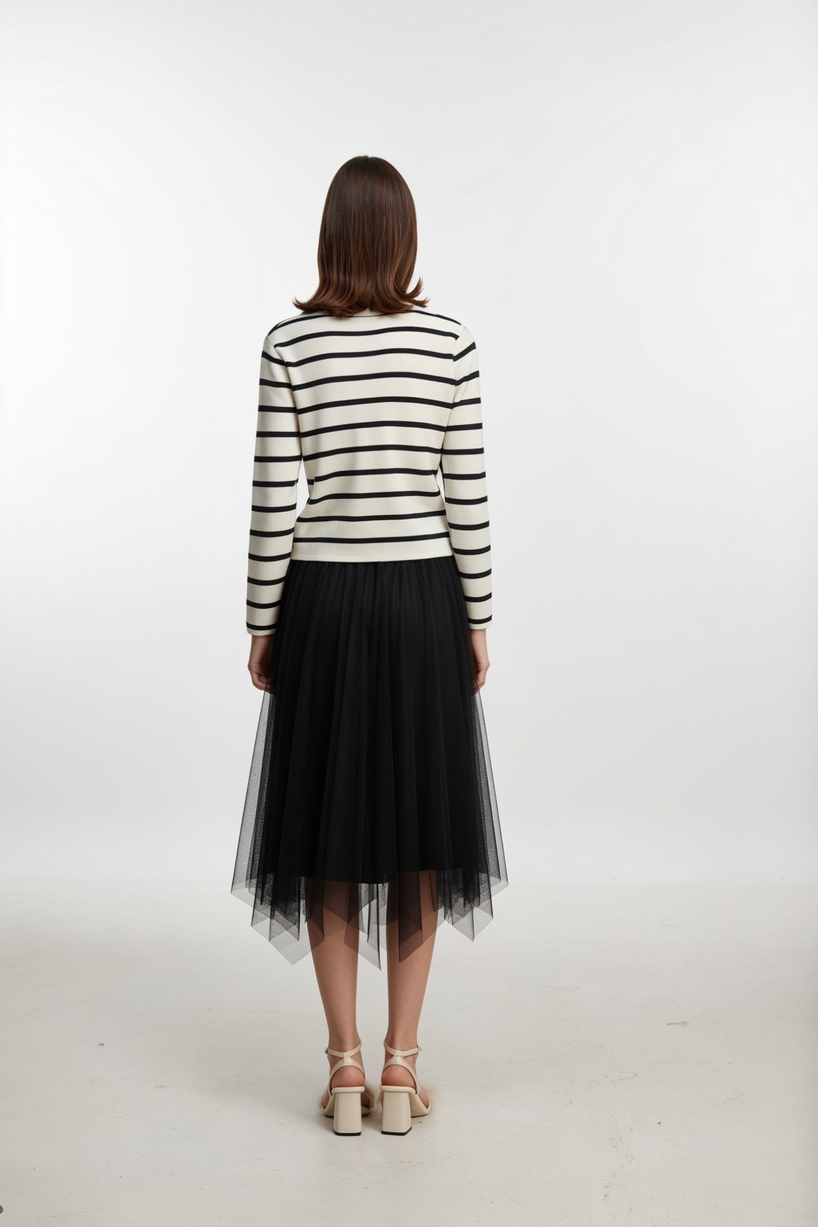 Black Asymmetric Tulle Midi Skirt