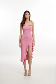 Blush Pink Bodycon Open Back Asymmetric Ruffle Hem Midi Dress
