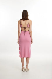 Blush Pink Bodycon Open Back Asymmetric Ruffle Hem Midi Dress