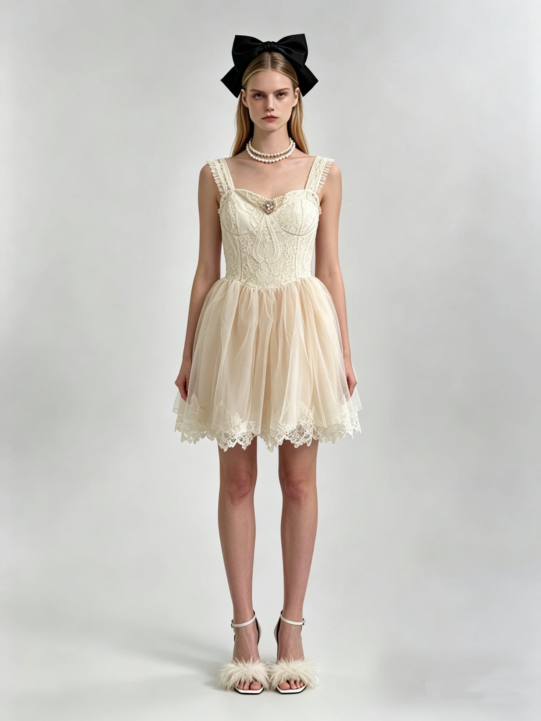 Cream Embroidered Corset Jewel Brooch Lace Trim Tulle Mini Dress