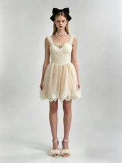 Cream Embroidered Corset Jewel Brooch Lace Trim Tulle Mini Dress