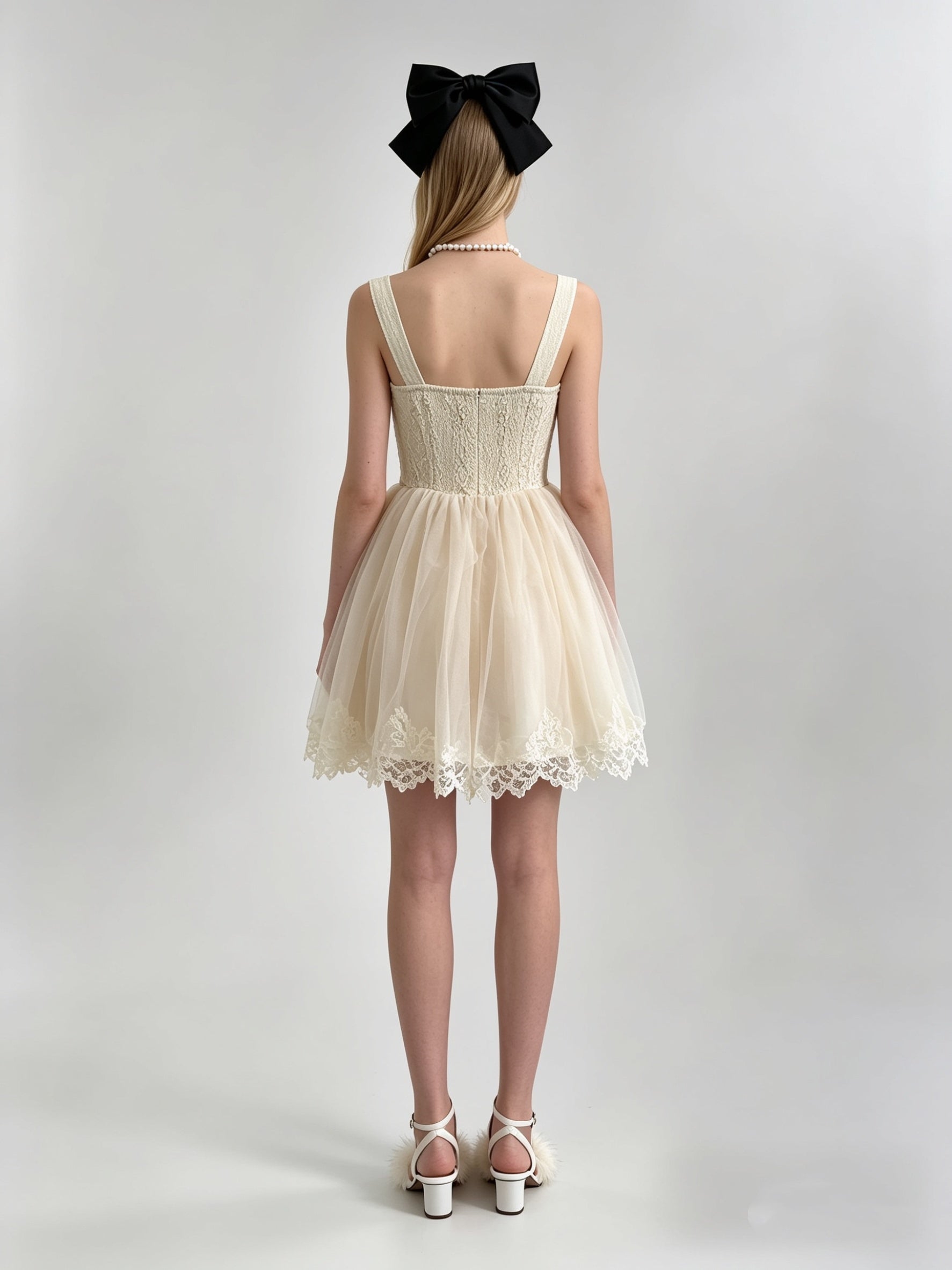 Cream Embroidered Corset Jewel Brooch Lace Trim Tulle Mini Dress