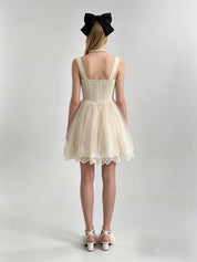 Cream Embroidered Corset Jewel Brooch Lace Trim Tulle Mini Dress