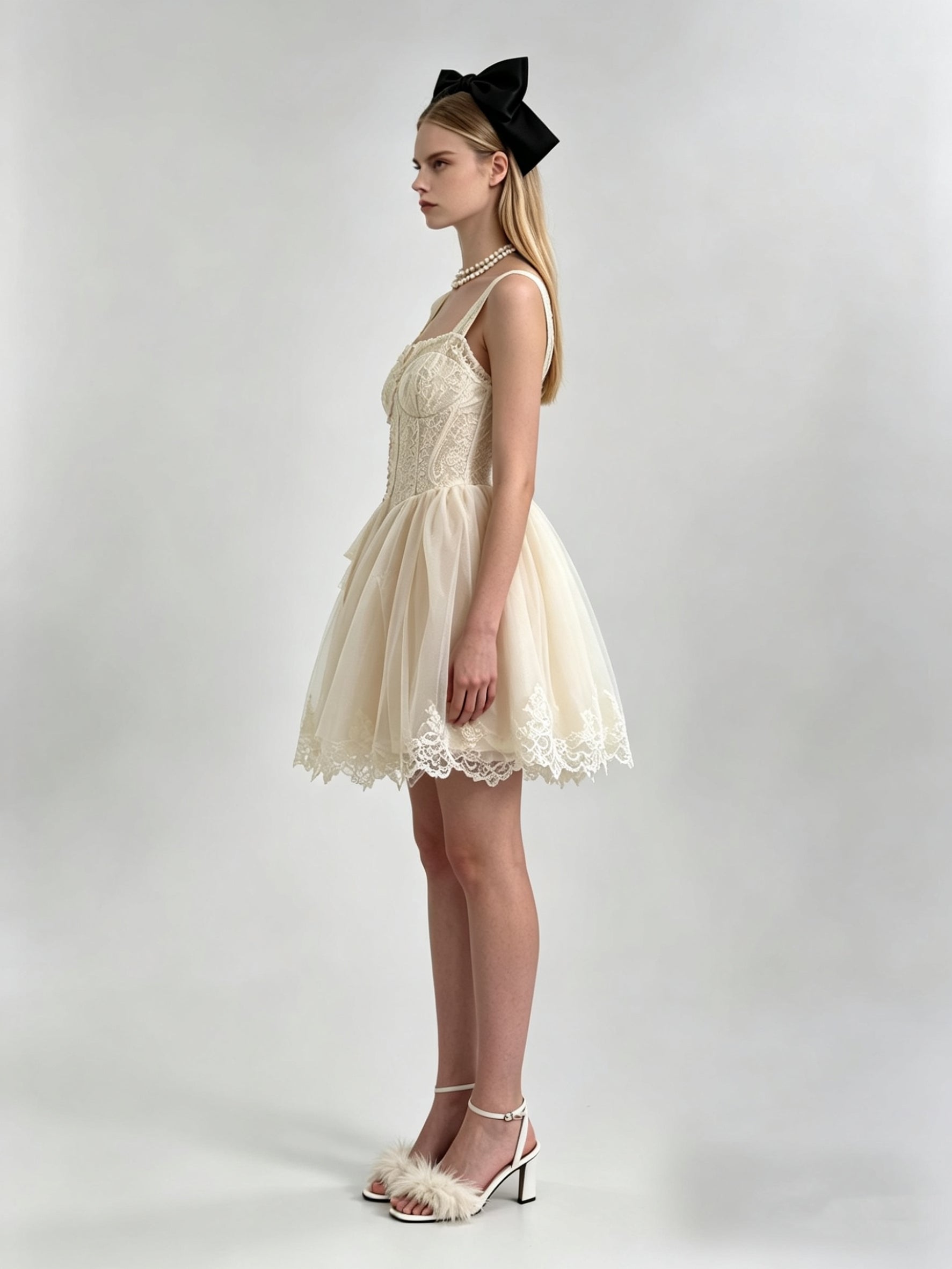 Cream Embroidered Corset Jewel Brooch Lace Trim Tulle Mini Dress