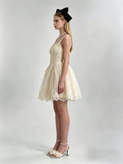 Cream Embroidered Corset Jewel Brooch Lace Trim Tulle Mini Dress