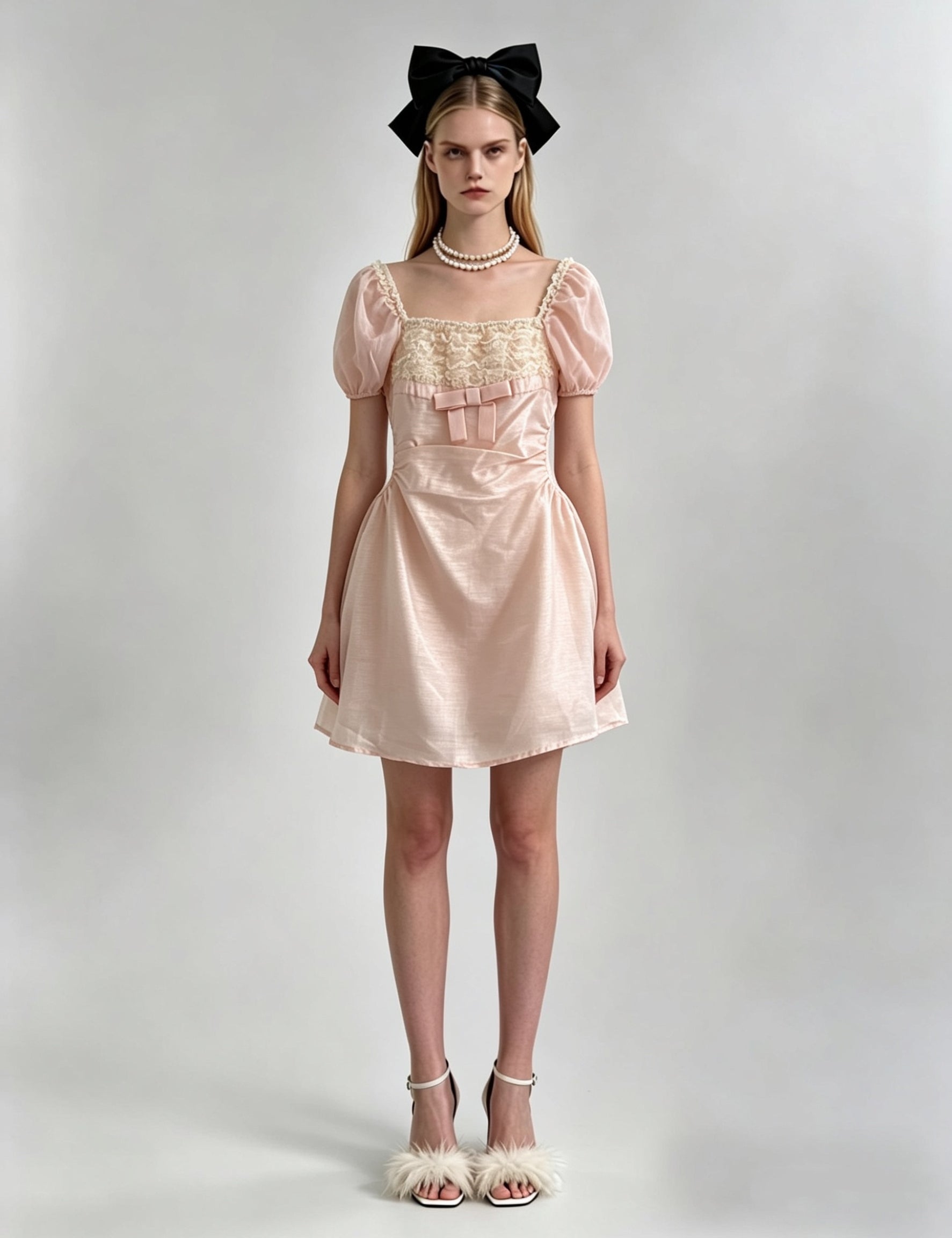 Satin Puff Sleeve Square Neck Lace Trim Bow Bubble Mini Dress