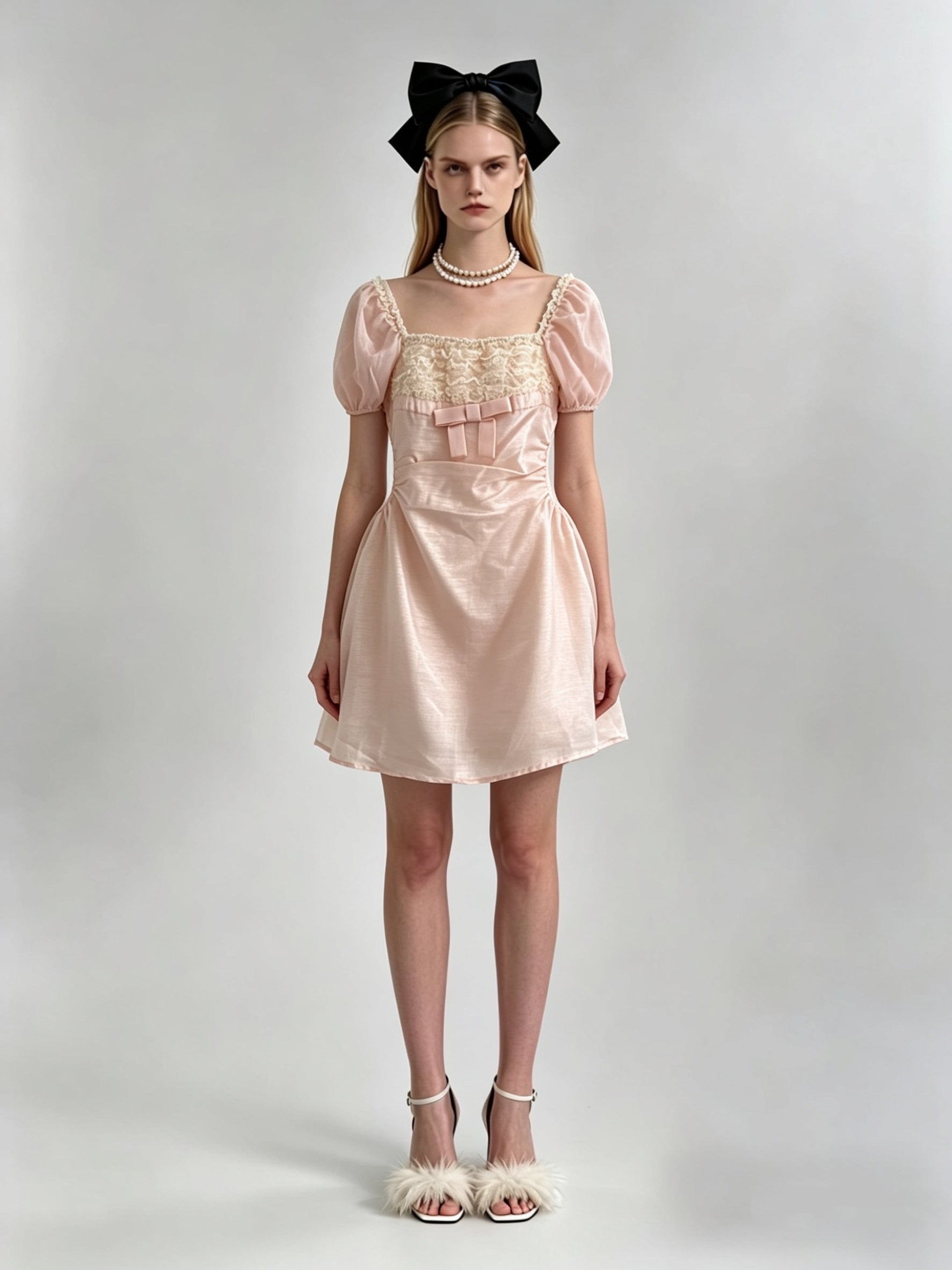 Satin Puff Sleeve Square Neck Lace Trim Bow Bubble Mini Dress