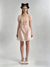 Satin Puff Sleeve Square Neck Lace Trim Bow Bubble Mini Dress