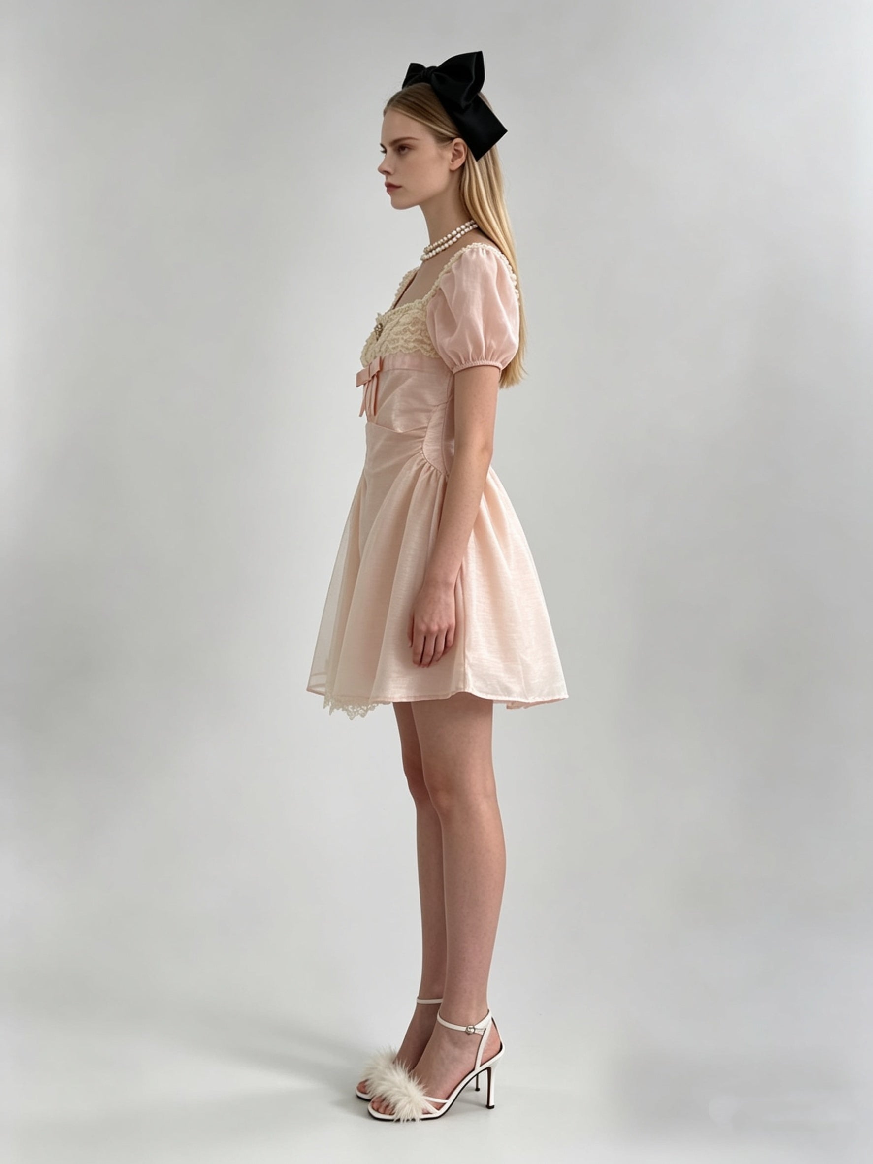 Satin Puff Sleeve Square Neck Lace Trim Bow Bubble Mini Dress