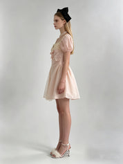 Satin Puff Sleeve Square Neck Lace Trim Bow Bubble Mini Dress