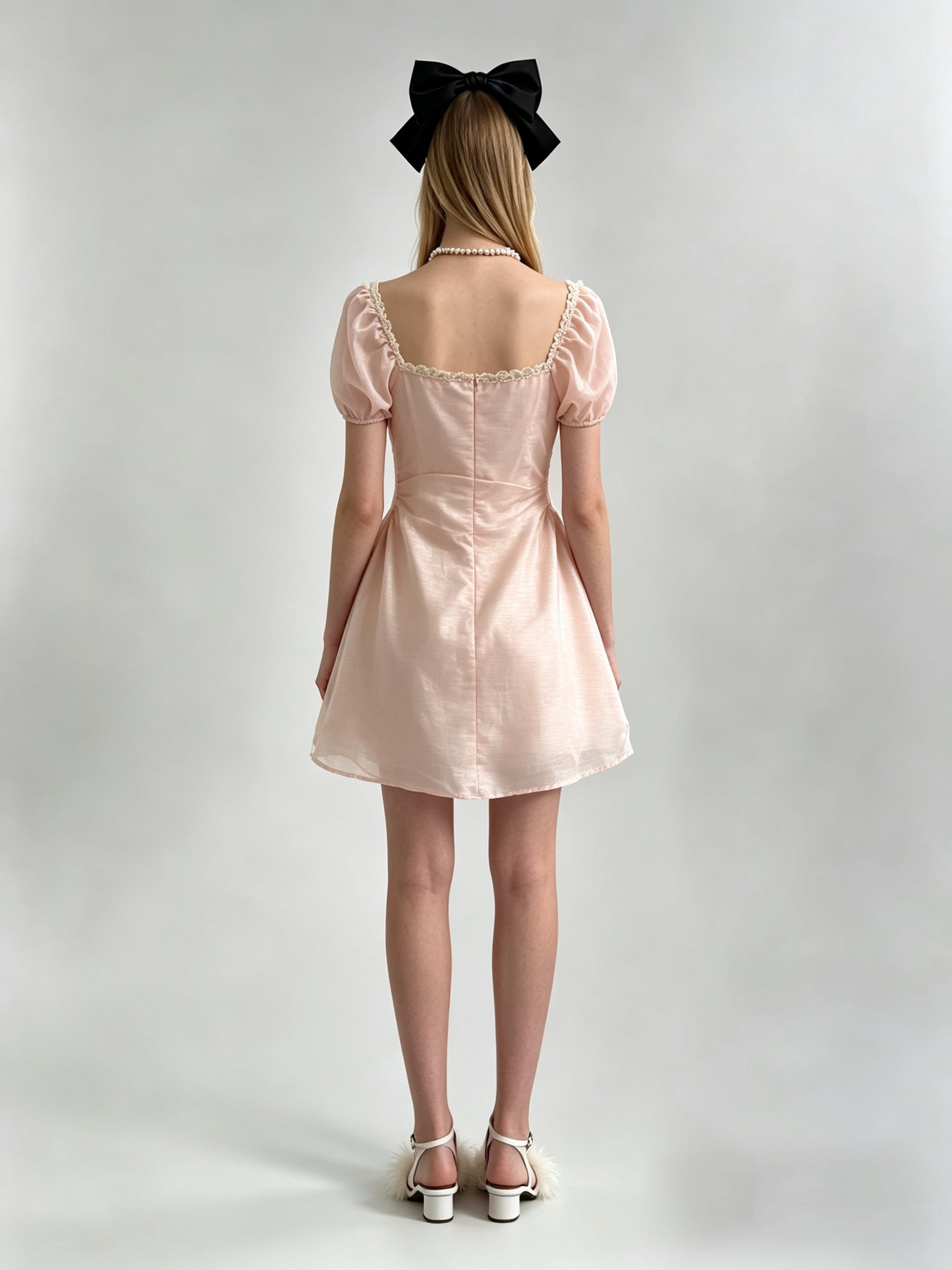 Satin Puff Sleeve Square Neck Lace Trim Bow Bubble Mini Dress