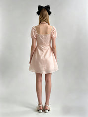 Satin Puff Sleeve Square Neck Lace Trim Bow Bubble Mini Dress