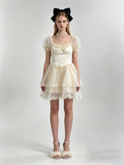 Cream Organza Puff Sleeve Lace Ruffle Bow Corset Tiered Mini Dress