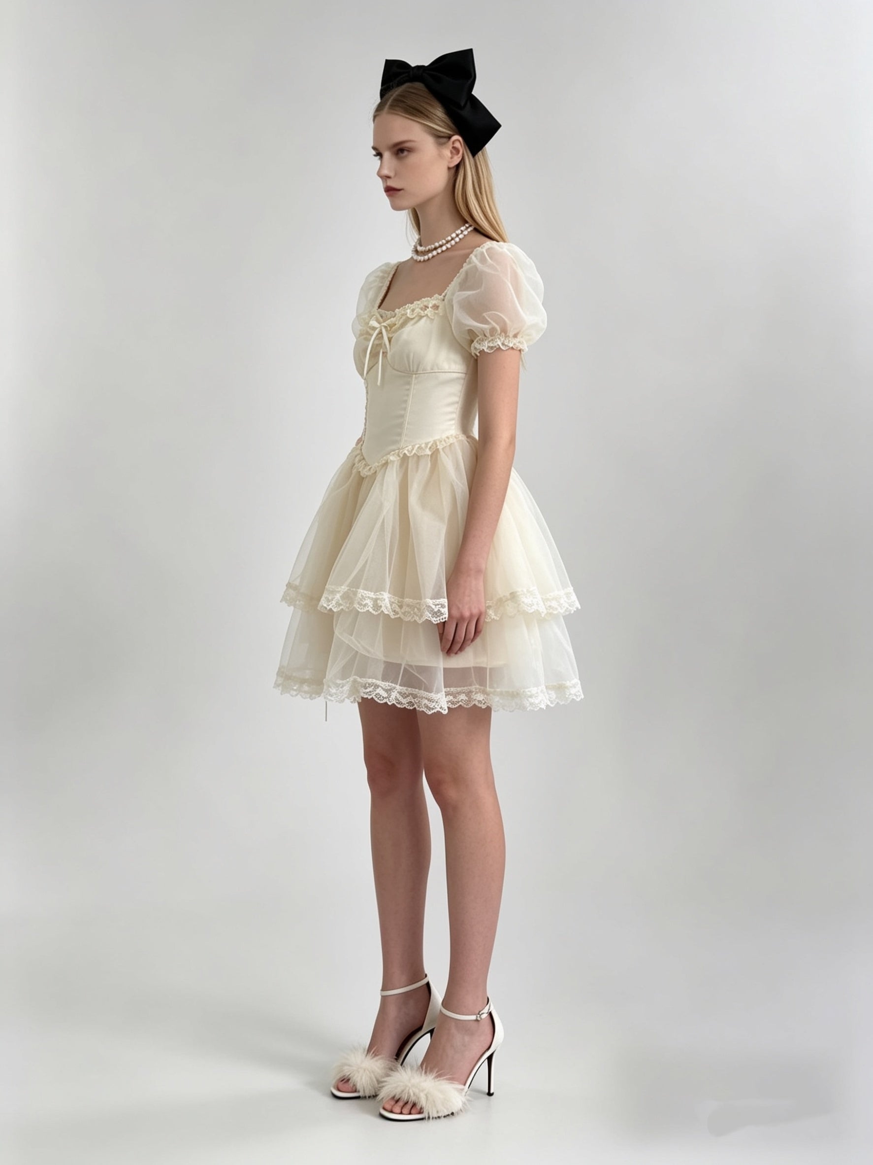 Cream Organza Puff Sleeve Lace Ruffle Bow Corset Tiered Mini Dress