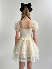 Cream Organza Puff Sleeve Lace Ruffle Bow Corset Tiered Mini Dress