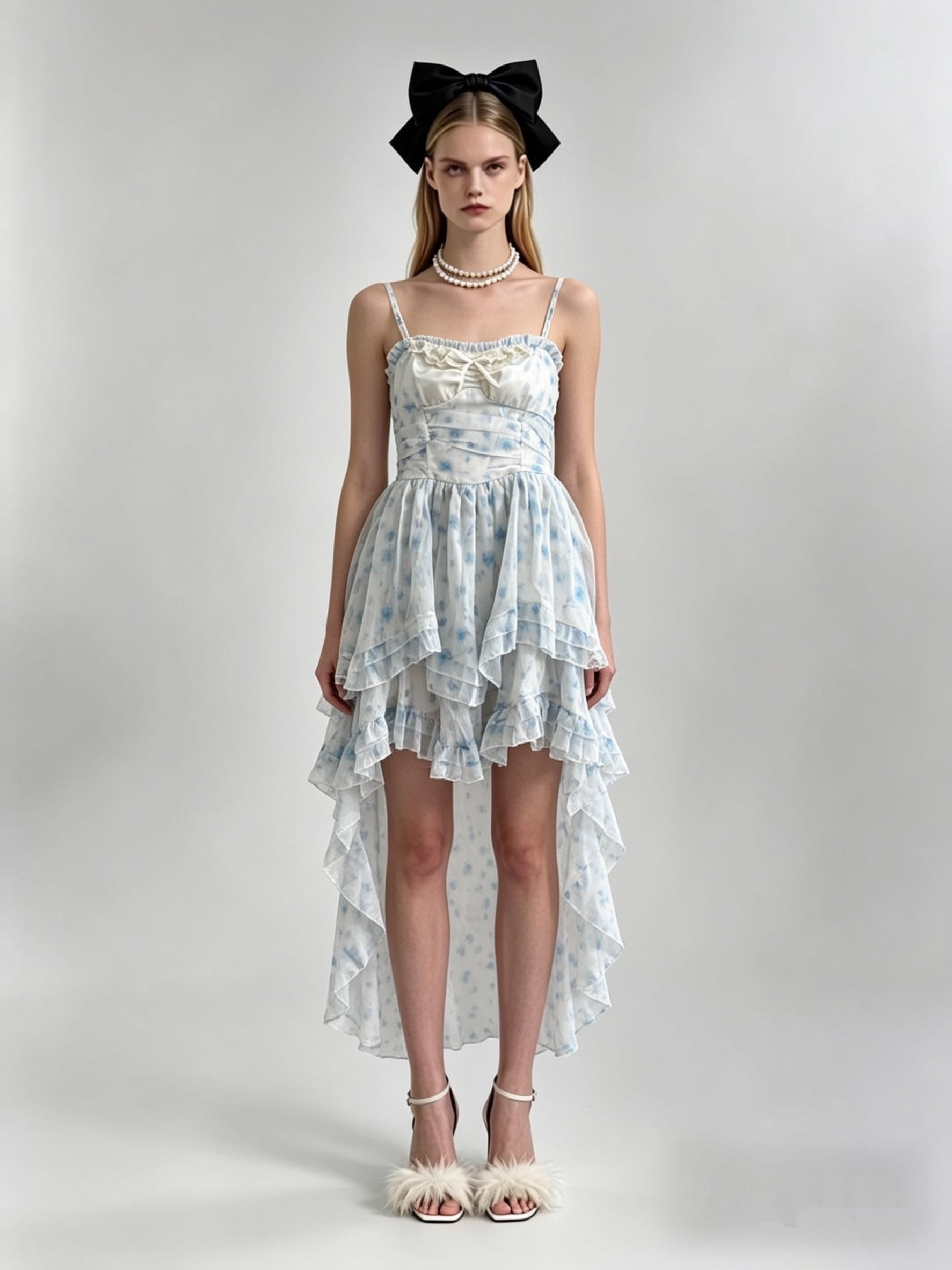 Powder Blue Floral Print Lace Ruffle Bow Corset Asymmetric Hi-Low Tulle Dress