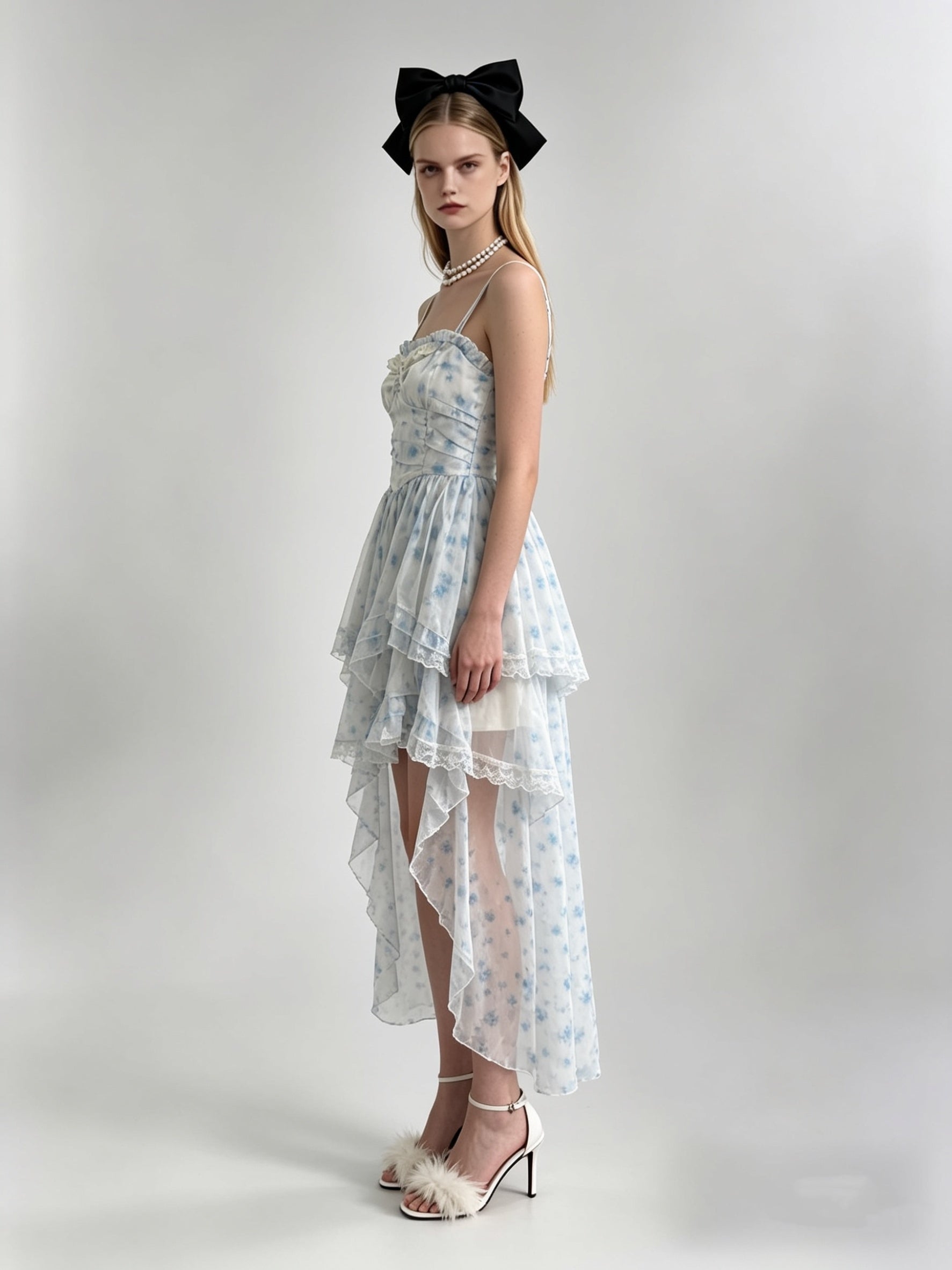 Powder Blue Floral Print Lace Ruffle Bow Corset Asymmetric Hi-Low Tulle Dress