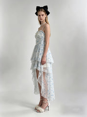 Powder Blue Floral Print Lace Ruffle Bow Corset Asymmetric Hi-Low Tulle Dress