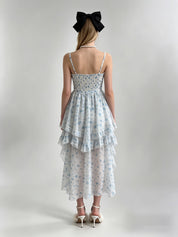 Powder Blue Floral Print Lace Ruffle Bow Corset Asymmetric Hi-Low Tulle Dress
