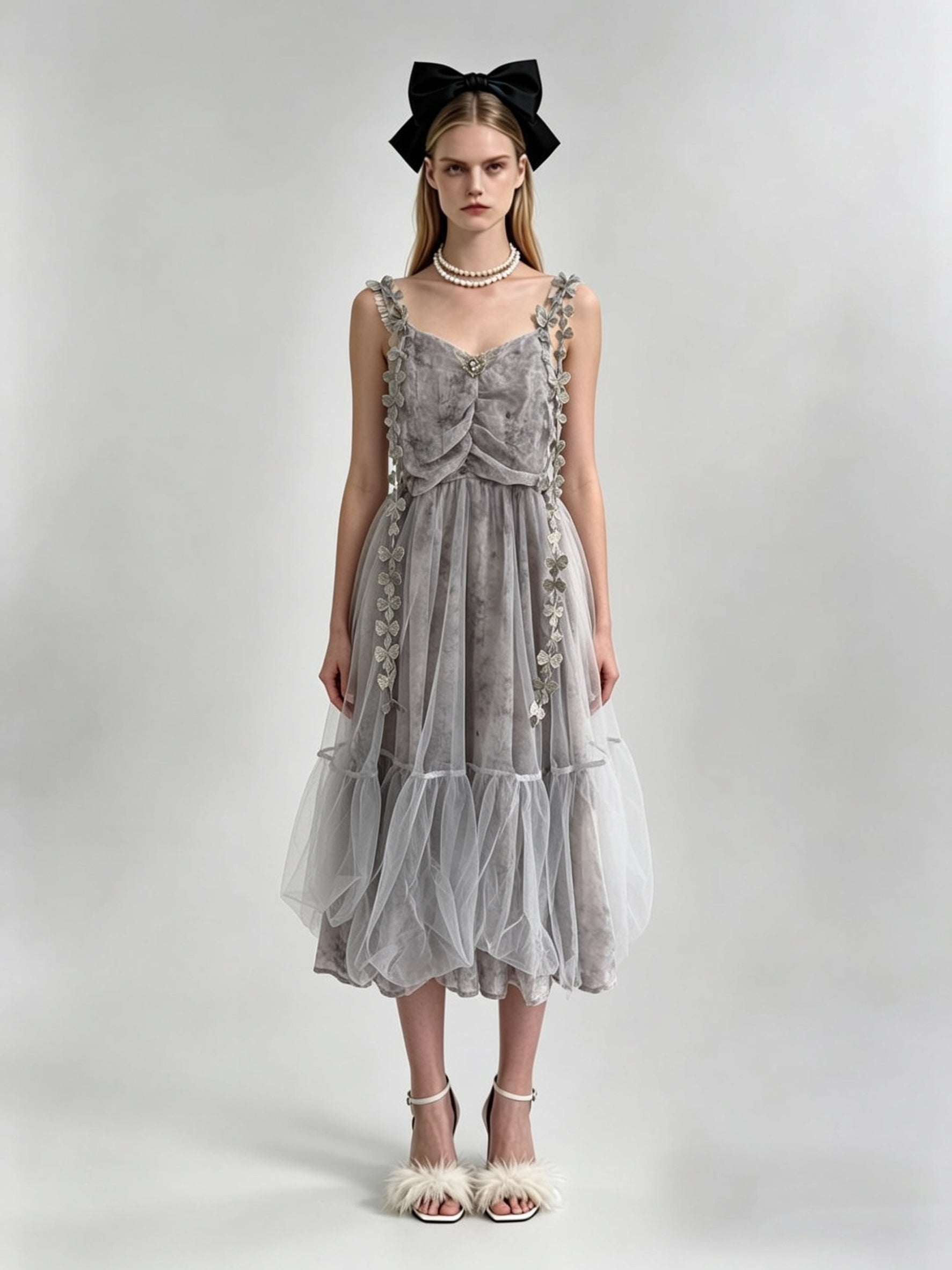 Misty Grey 3D Butterfly Appliqué Ruched V-Neck Layered Tulle Midi Dress