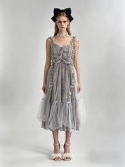 Misty Grey 3D Butterfly Appliqué Ruched V-Neck Layered Tulle Midi Dress